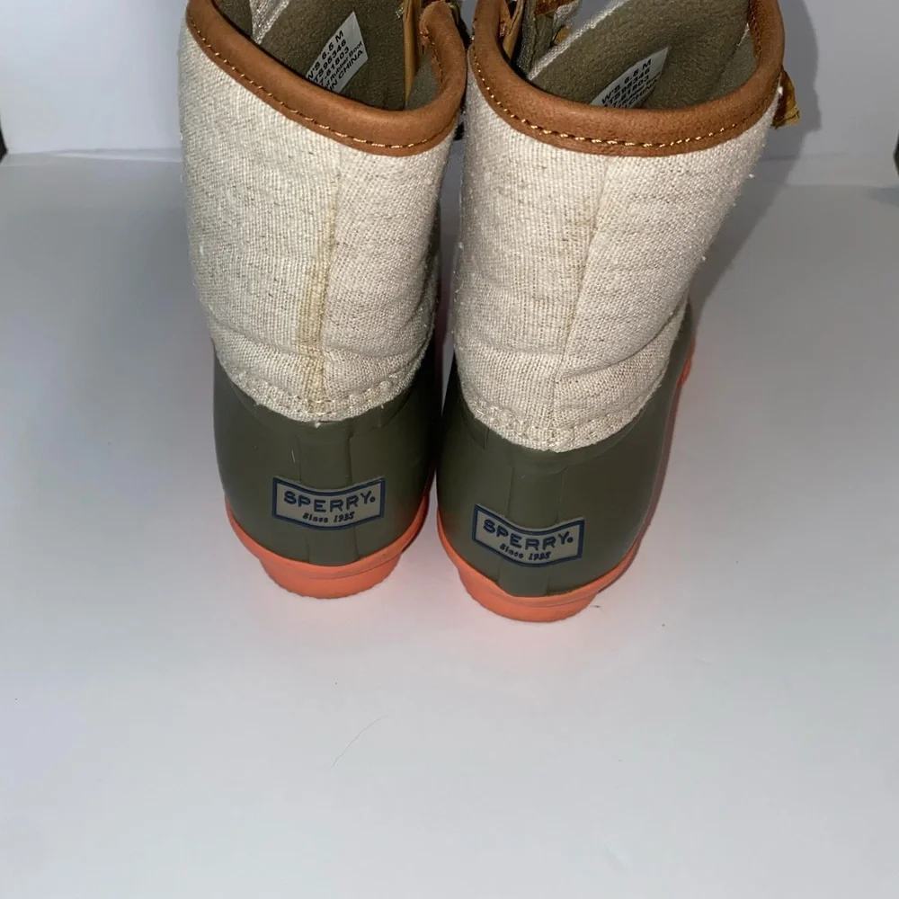 SPERRY Womens Green Duck Rain Boots with Tan Linen Upper Side Closure Size 6 GUC - Picture 3 of 5